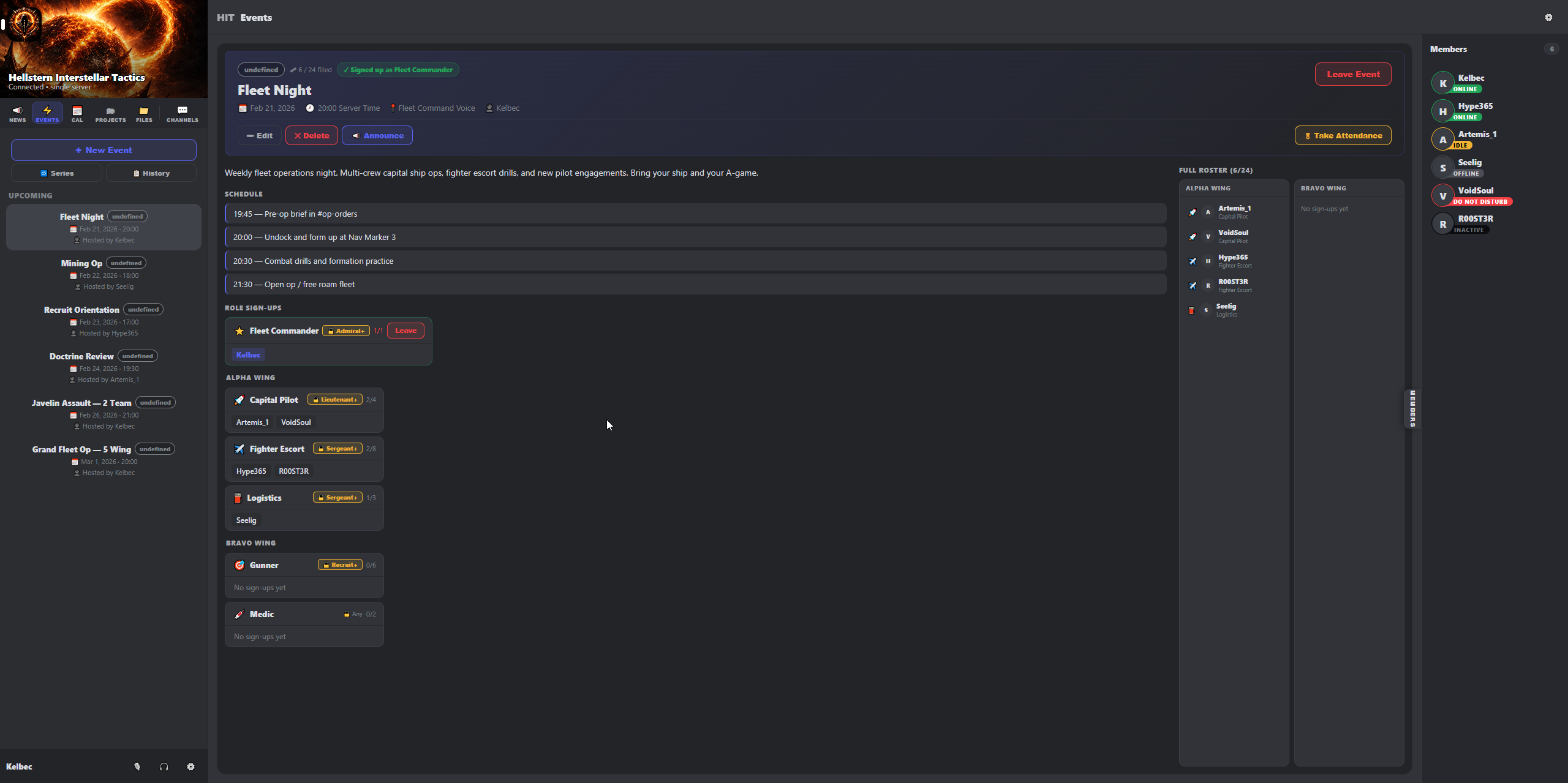 Events module showing scheduled events